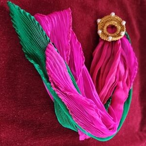 Gold Tone Stretchy Scarf Slide With added Pink and Green Pleated Neck Scarf